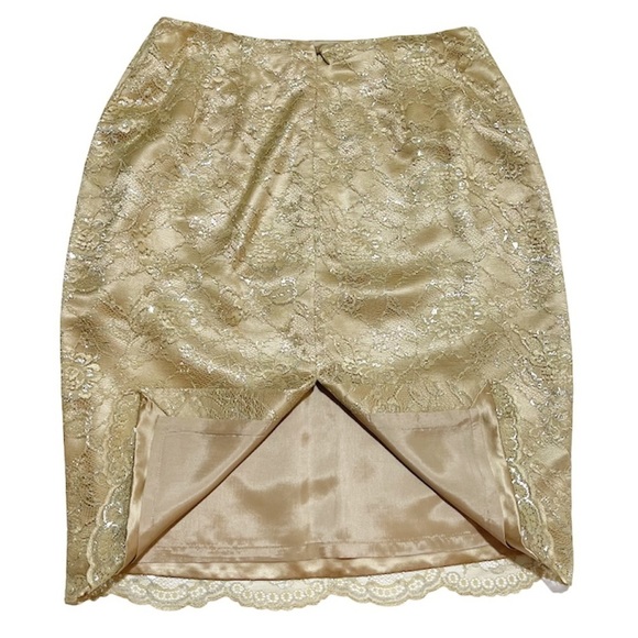 Kate Hill Women’s Gold Lace Pencil Skirt back Slit Sz 6 Lined - Picture 3 of 11